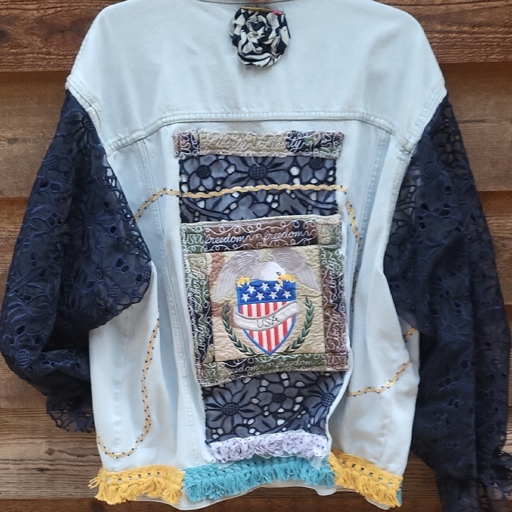 Embroidered Denim Jacket with Navy Lace Sleeves - Picture 2 of 6